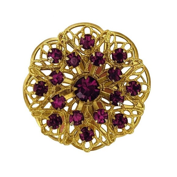 Vintage Jewelry - Vintage Faux Amethyst Purple Crystal Filigree Gold Tone Brooch